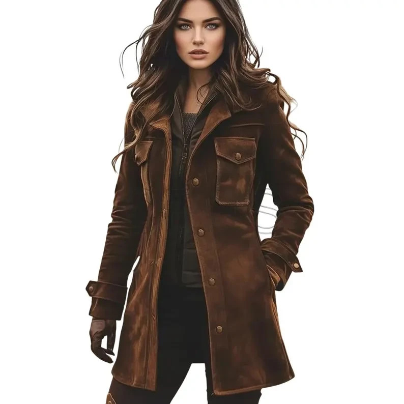 Handmade Women’s Brown Suede leather Trench Coat – Vintage Long Jacket