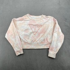 Guess Womens Tie Dye Cropped Sweatshirt Peach White Embroidered Logo Pullover