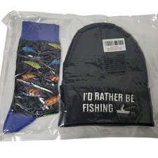 Mens I'd Rather Be Fishing Beanie and Lure Print Socks Gift Set Black Blue NEW