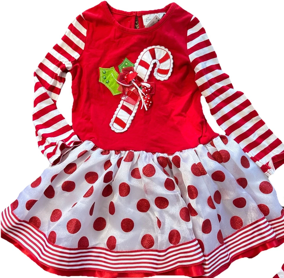 Vestido de Navidad Emily Rose Candy Cane rojo brillante lunares y pantalones con volantes talla 4 Foto 2 de 4