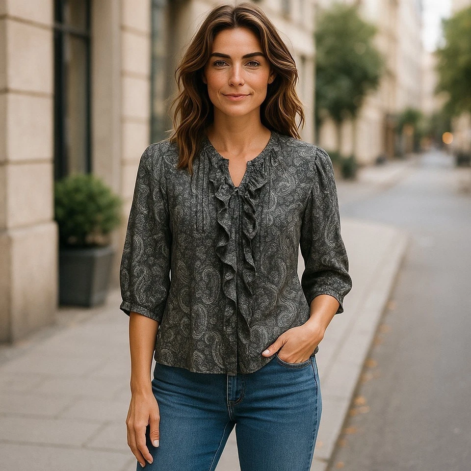 Denim & Supply Womens Blouse Size XS Ralph Lauren Lace Up Paisley Ruffle Poet - Image 2 of 4