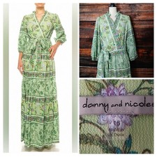 Danny And Nicole 16 Peasant Maxi Dress Belted Green Floral Prairie Tiered Retro
