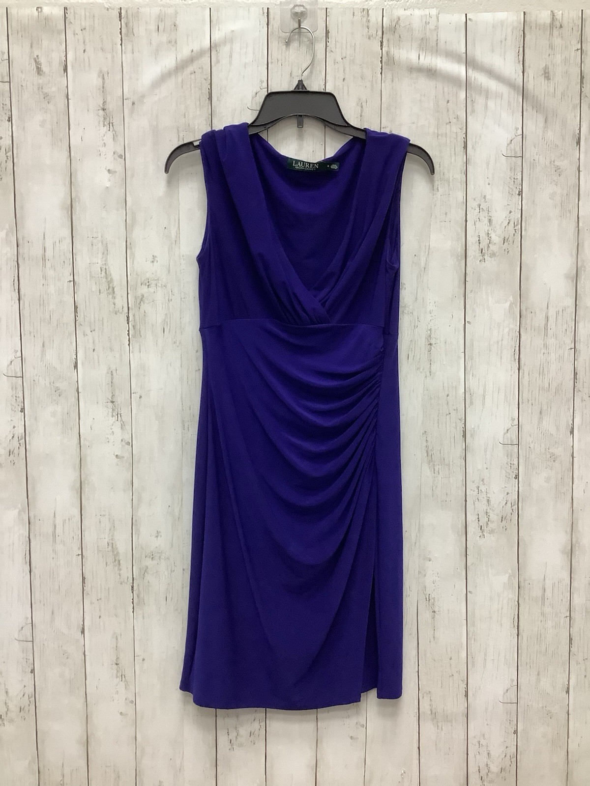 Ralph Lauren Size 8 Purple Ruched V-Neck Cowl Sheath Cocktail Dress