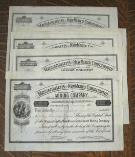 #225 5 old 1881 MASSACHUSETTS & NEW MEXICO CONS. MINING CO. stock certificates