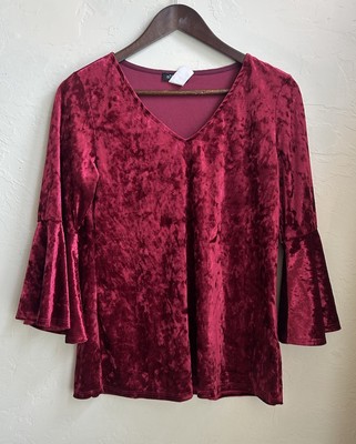 Vintage 90s Y2K Red Crushed Velvet Top M Fairy Grunge Whimsigoth Bell Sleeve