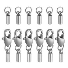 6pcs Cord End Cap 2mm ID Stainless Steel with Lobster Claw Clasp Silver Tone