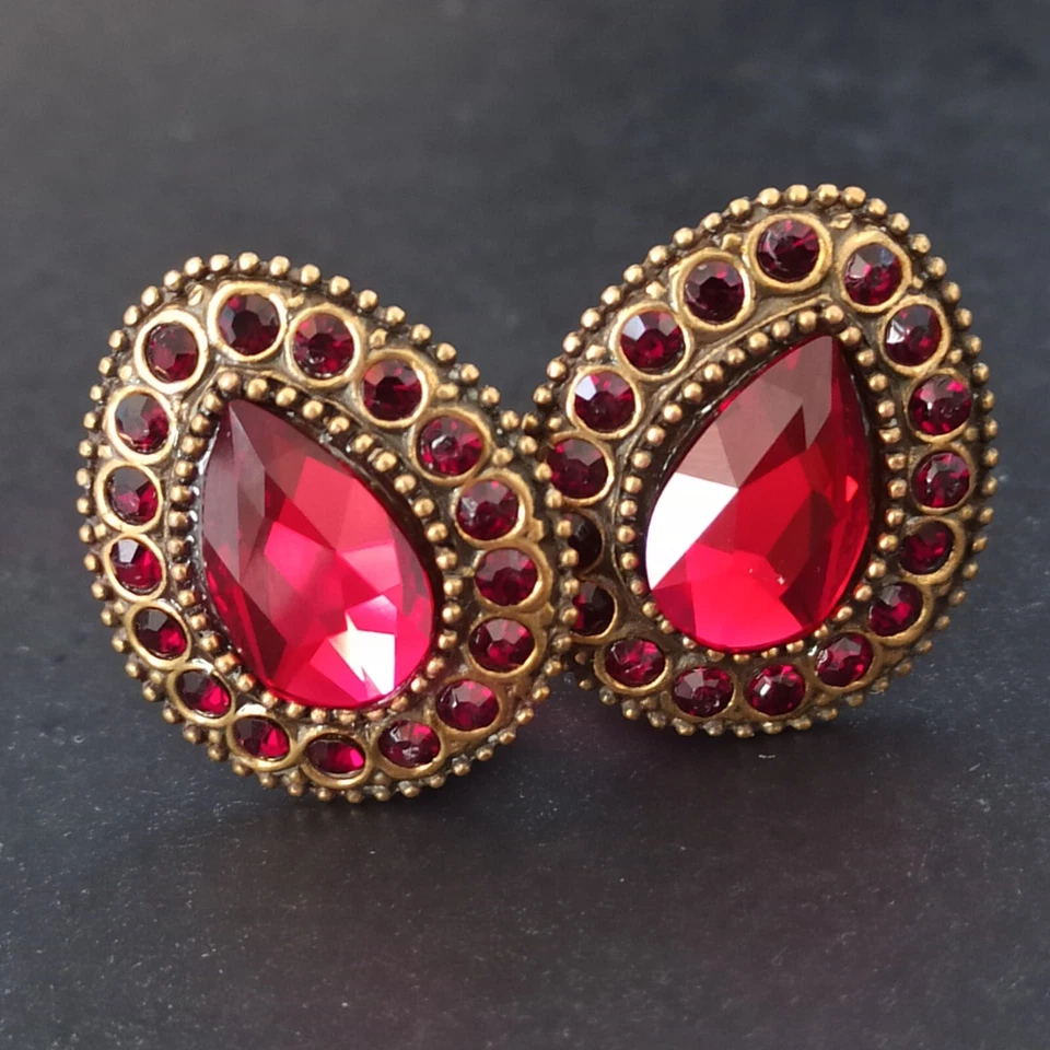 Michal Negrin Clip Earrings Red Crystals Teardrop Victorian Revival Statement - Image 4 of 4