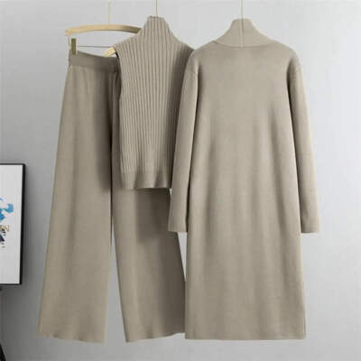 3 Teile/Set Damen Pullover Mantel Weste Hose Strick Rollkragen Ärmellos Pulli M