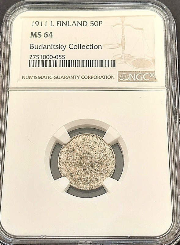 1911 L  Finland 50 P ,  NGC   MS 64 , nice silver coin       # 1945, #62-18