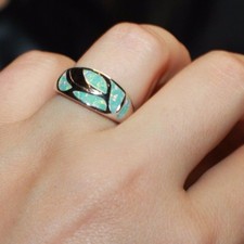 inlaid lab fire opal ring gems silver plate jewelry modern wedding engagement K0