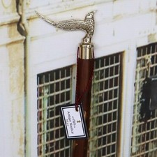 Vintage Brass Bird Handle Inlaid Wood Walking Cane 37" For Grandma/Adult Unisex.