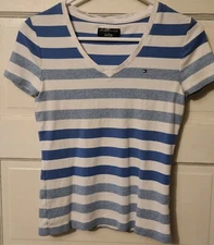 Tommy Hilfiger Womens T Shirt Size Small V Neck Red Logo Short Sleeve Striped