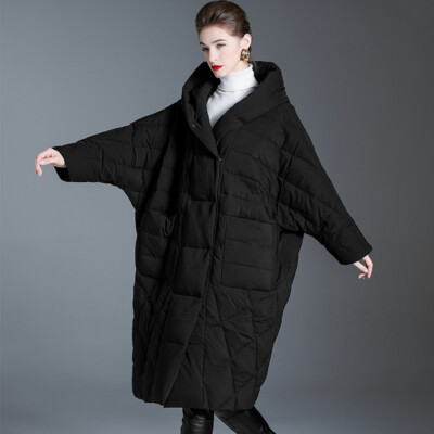 Womens Duck Down Jacket Hood Batwing Sleeve Mid Long Coat Overcoat Oversized New