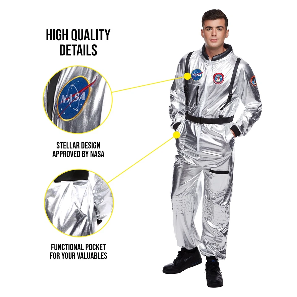 Men`s Silver Astronaut Costume Adult NASA Spaceman Uniform Space Suit Halloween - Image 3 of 4