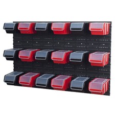 Wandregal 1158 x 780 mm Lagersystem 18 Stapelboxen mit Deckel Schwarz und Rot