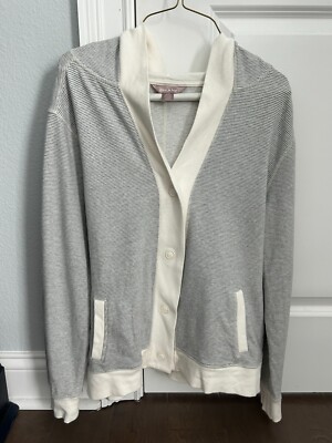 White Stag Women's Gray / White Stripe Hooded Cardigan size L Large 12 / 14