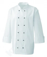 CHEFS WHITE JACKET- WHITE WITH BLACK POPPER BUTTONS, FULL SLEEVES. INS02