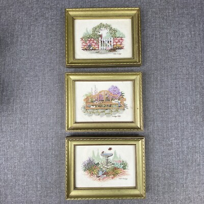 LOT of 3 Cross Stitch Framed Completed Floral Nursery Garden 1989