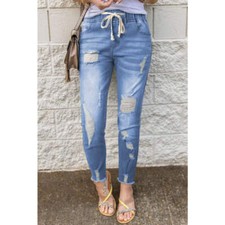 Drawstring Distressed Raw Hem Jeans with Pockets