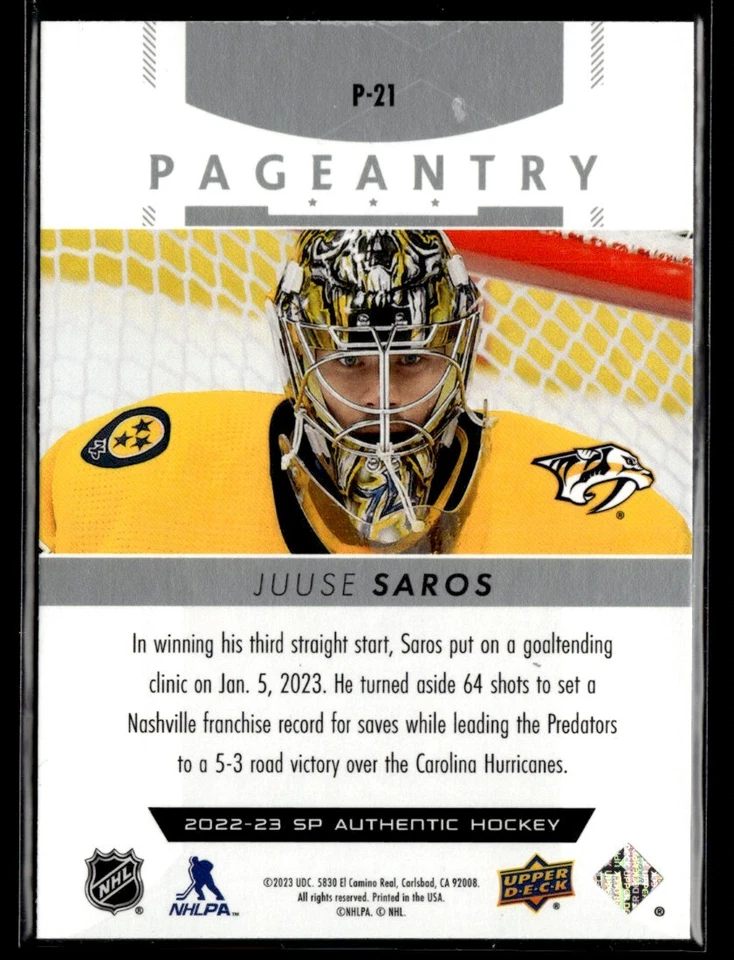 2022-23 SP Authentic Pageantry Juuse Saros #P-21 - Image 2 of 2