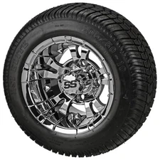 (4) Golf Cart 205/50-10 Low Profile Tires on 10x7 Chrome Vampire Wheels