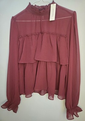 Francesca s Burgundy Ruffle Blouse   Size L   NWT