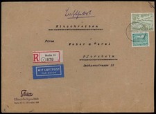 Berlin Nr. 44 + 57 auf Luftpost-R-Brief BERLIN 1951 nach PFORZHEIM [740]