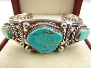 Heavy 54g 6 7/8" Native Sterling Silver 3 Turquoise Cuff Bracelet Navajo