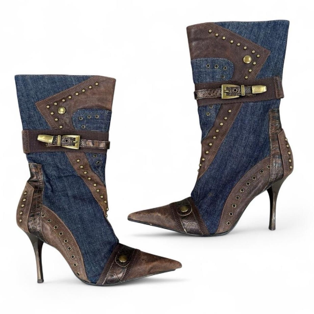 El Dantes Vintage Rare Archival Denim Brown Leather Pointed Toe Boots