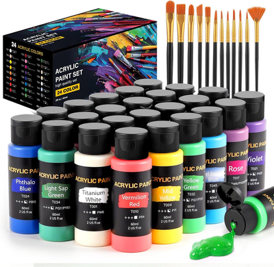 #ad Acrylic Paint Set 24 Colors 2 oz Bottle with 12 Art Brushes Art Supplies $17.49