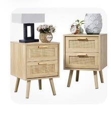 2x Finnhomy Bedside Table, Side Table with 2 Hand Made Rattan Decorated Drawers