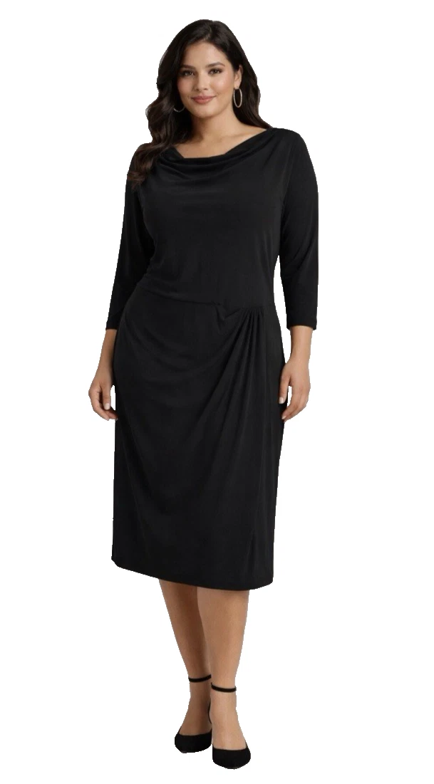 jones new york long sleeve dress JONES NEW YORK black & cream dress. V-Neck, long sleeve, waist band dress belt,