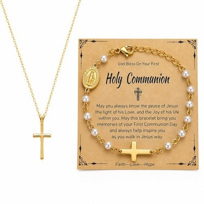Catholic Bracelet and Necklace Gifts for Women Girls, Simulated Pearl Rosary ...