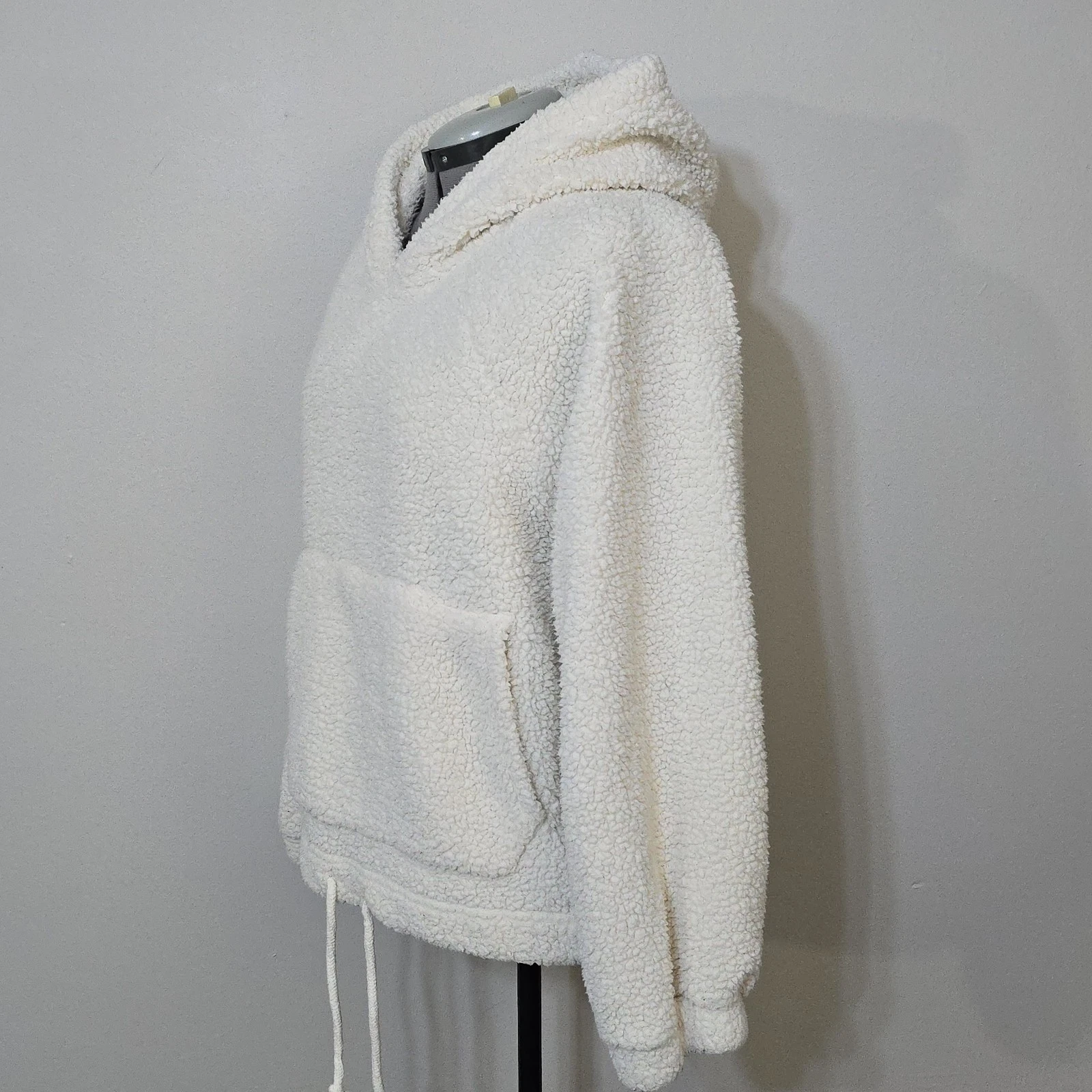 OFF WHITE American Eagle Felpa con Cappuccio Sherpa Teddy Pullover Oversize BoXy Crema Avorio Donna M