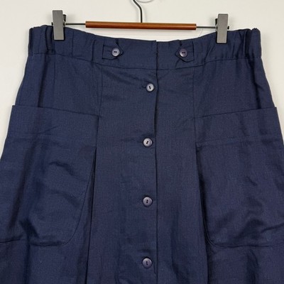 Vintage Button Front Maxi Skirt Women 10R Navy Linen Cotton Dark Academia Modest