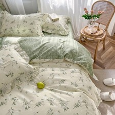 Queen Size Beige  Green Floral Comforter Set - 3 Piece Ruffled Lace Bedding