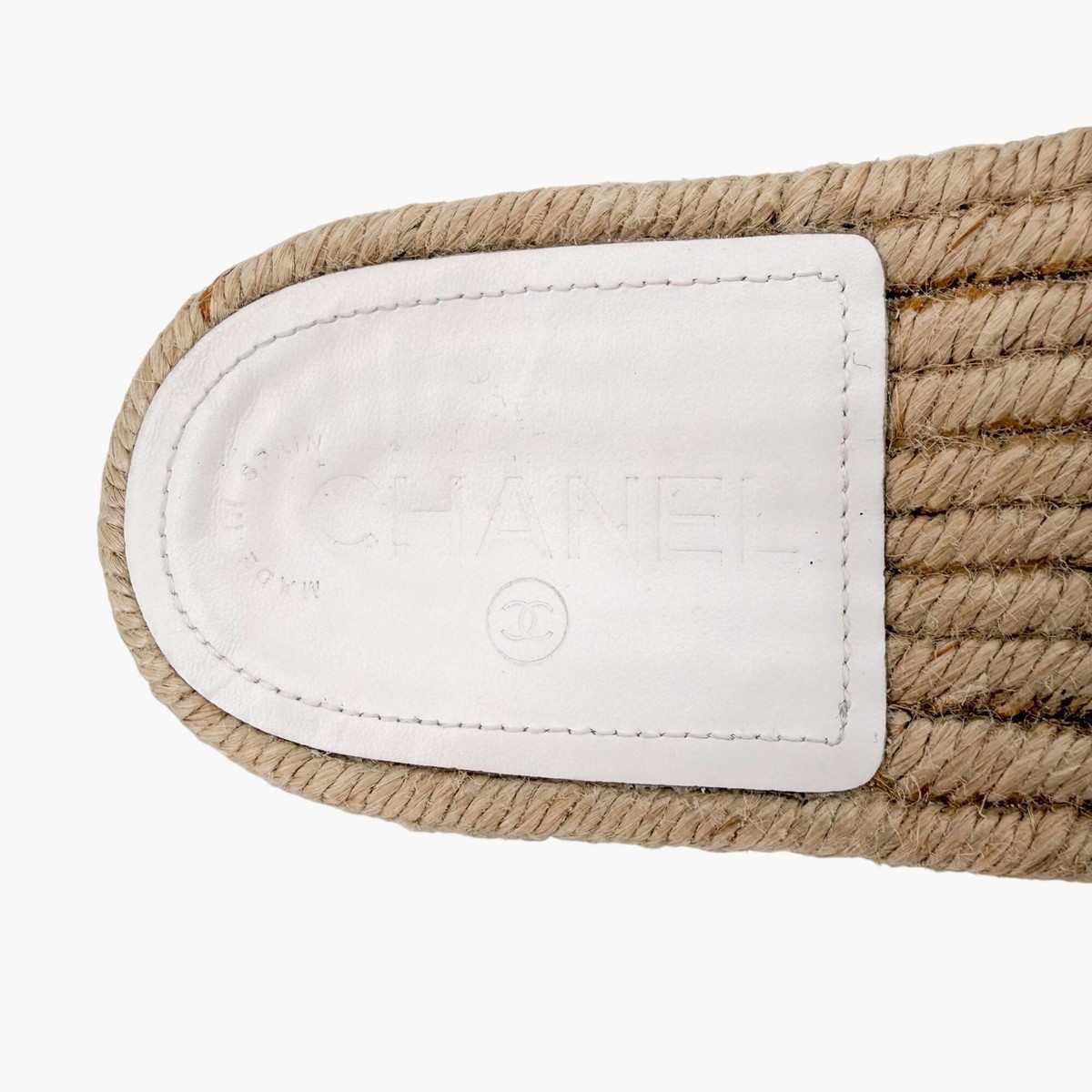 Chanel CC Crystal Espadrille Slide Sandals White Patent Leather