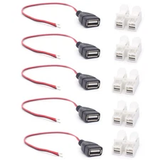 20AWG 5PCS USB Female Pigtail 2 Wire 12V 5A Cable0.3M/1FT Upgrade Red & Black