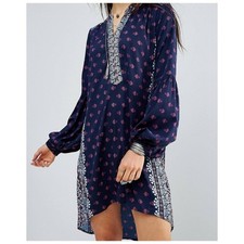 RAGA Boho Tunic Mini Dress Navy Pink Print Balloon Sleeve M NWT