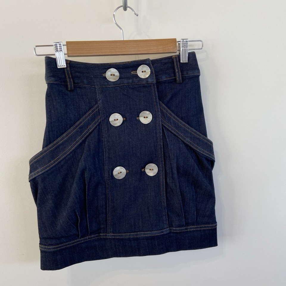 Manning Cartel Denim Supercut Mini Skirt Button Accent Band Hem Size 6 Designer