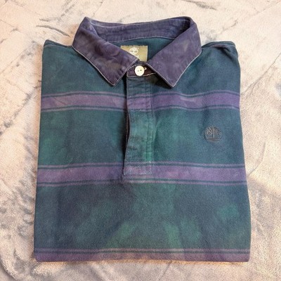 Timberland Men's Polo Sz M Rugby Shirt Long Sleeve Y2K Green & Plumb Tie Dye