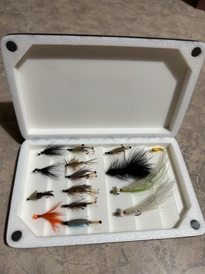 MORELL BOX OF ASSORTED TROUT FLIES GOOD VARIETY W/ FLOATING MAYFLY CARRYING CASE