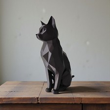 Low Poly Cat Sculpture | 20cm | Geometric Sitting Cat Ornament | Matte Black | M