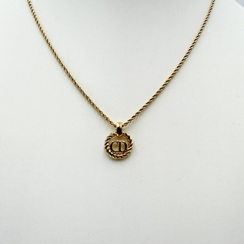Christian Dior CD Logo Circle Motif Necklace Vintage Gold Tone Rope Chain Wo...