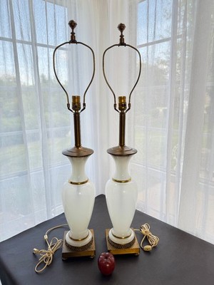 French Opal Opaline Glass Lamps 24K Gold Hollywood Regency MCM Mid Century