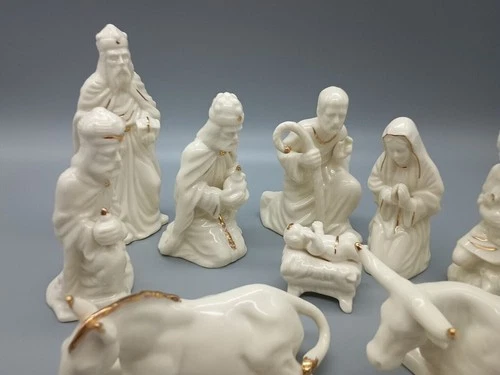 Centurion Collection Ceramic Nativity Set Ivory Gold 11 Piece Set