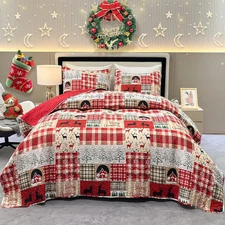 Christmas Quilt Set Queen Size 3-Piece Red Xmas Tree Snowflake Reindeer Cabin Pl