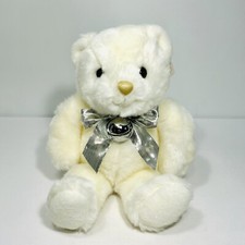 Russ Caress Soft Pets Teddy Bear Stuffed Plush Ivory Silver Ribbon Bow Bell 16  