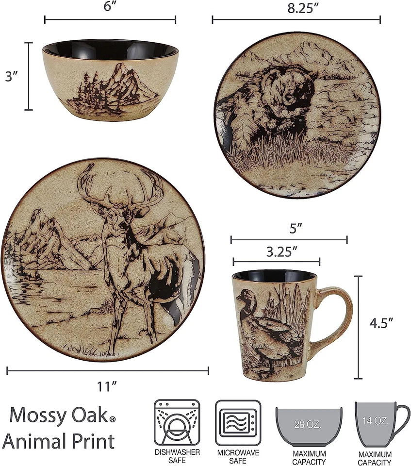 Juego de vajilla de vida silvestre platos plato tazón taza cabina oso alce pato ciervo rústico Foto 3 de 4