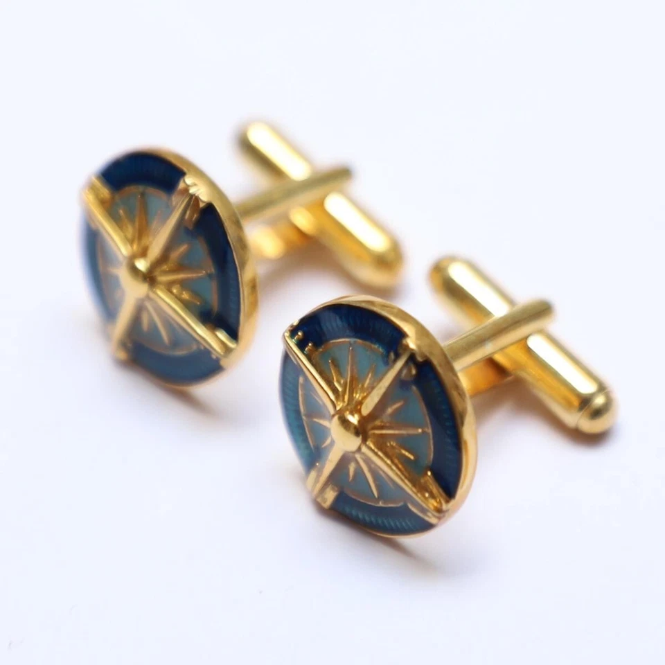 Gemelos enchapados en oro forma redonda esmalte azul estilo único de plata de ley 925 Foto 3 de 4